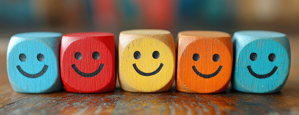 Bunte Holzwürfel mit lachenden Smileys